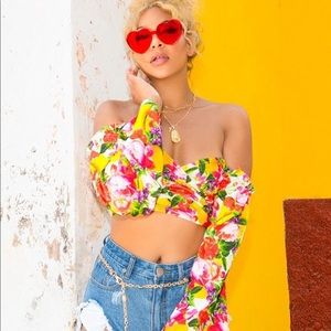 White tropical floral off the shoulder crop top